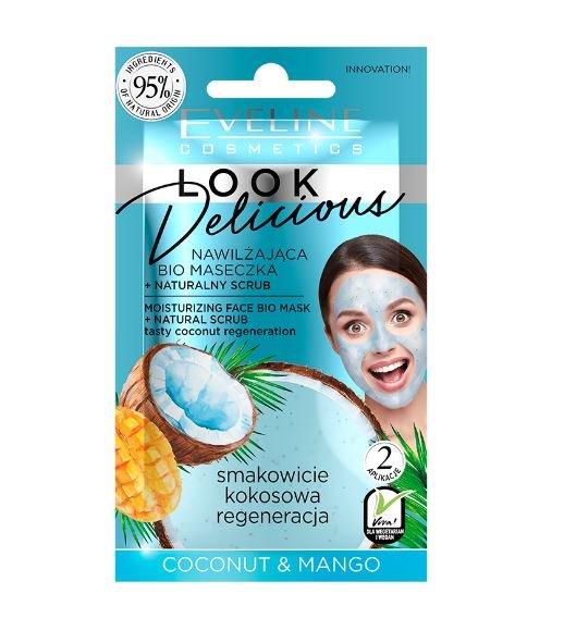 Маски для лица увлажняющая bio маска для лица с натуральным скрабом coconut & mango серии look delicious eveline, 10 мл.