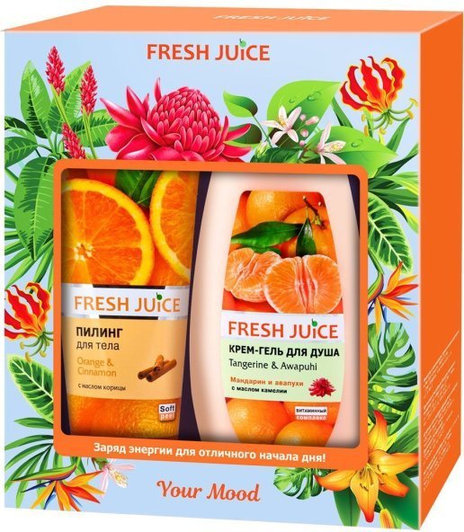 Гели для душа подарочный набор fresh juice пилинг для тела "апельсин и корица" + крем-гель для душа "мандарин и авапухи", 400 мл