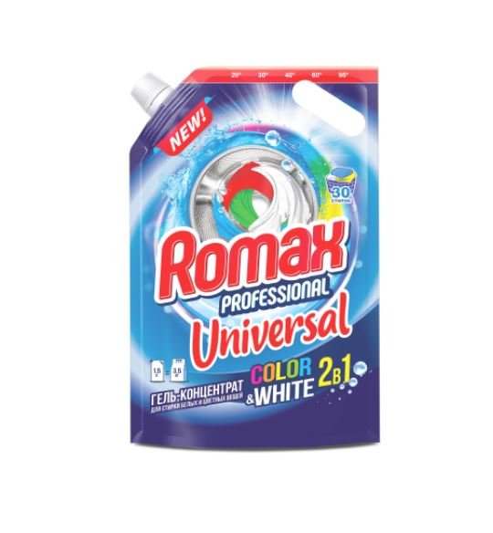 Для стирки гель-концентрат для стирки белых и цветных вещей "romax professional"  дой-пак romax, 1.5 кг