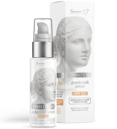 Кремы дневной крем spf 25 депигментация + осветление для лица, шеи и зоны декольте k-w.h.i.t.e 3:0 белита-м, 50 г