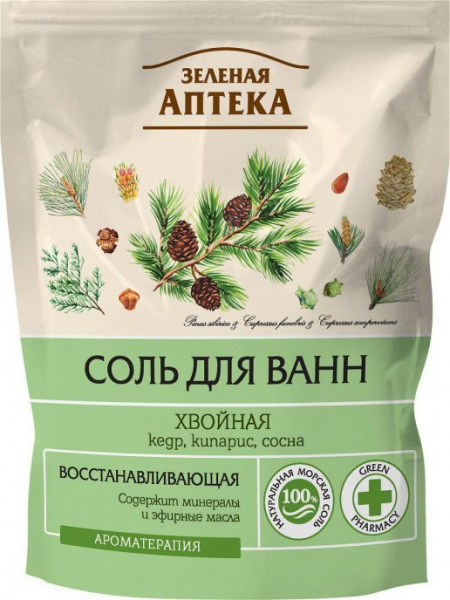 Пена, соль, масло для ванн зеленая аптека соль для ванн восстанавливающая "хвойная", эконом-упаковка, 500 г