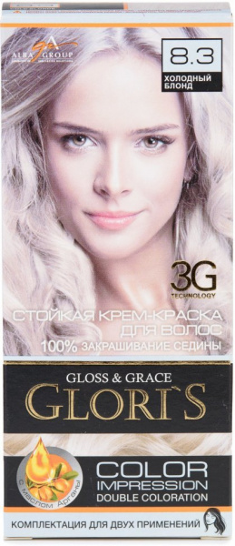 Окрашивание волос стойкая крем-краска для волос (2 применения) "gloss & grace" glori`s, № 8.3 холодный блонд