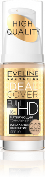 Для лица матирующий тональный крем "ideal cover full hd spf10" eveline, 30 мл, №203 natural