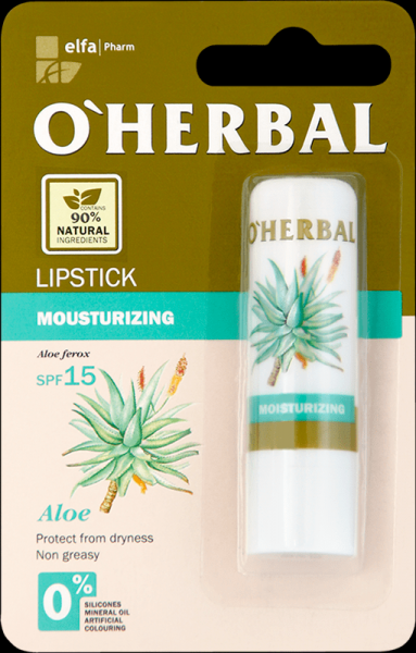 Для губ помада увлажняющая гигиеническая с экстрактом алоэ o’herbal spf15, 4,8г.
