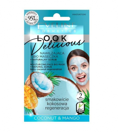 Маски для лица увлажняющая bio маска для лица с натуральным скрабом coconut & mango серии look delicious eveline, 10 мл.