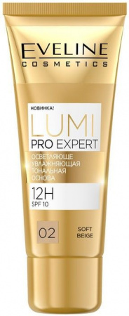 Для лица осветляюще-увлажняющая тональная основа "lumi pro expert 12h spf10" eveline, 30 мл, №02 soft beige