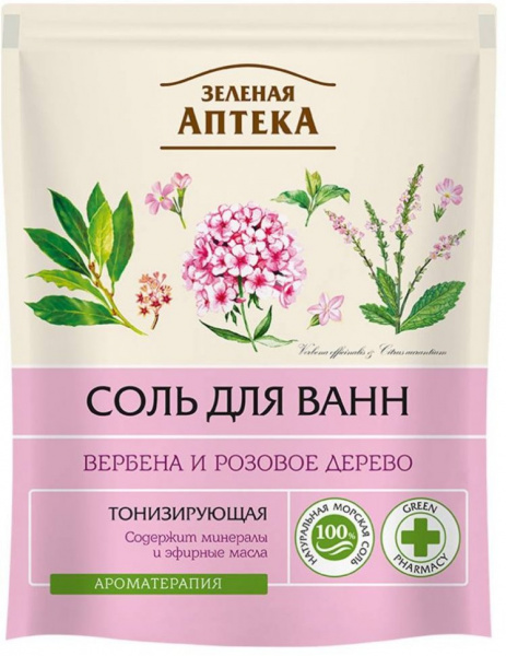 Пена, соль, масло для ванн зеленая аптека соль для ванн тонизирующая "вербена и розовое дерево", эконом-упаковка, 500 г