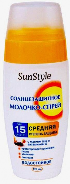 Солнцезащитная линия молочко-спрей солнцезащитное spf-15 uv (a+b) водостойкое sun style, 125 мл