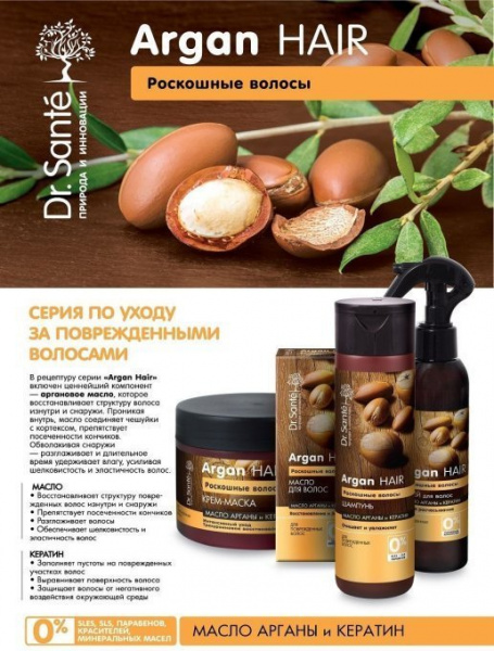 Шампуни dr. sante argan hair шампунь "роскошные волосы" с маслом арганы и кератином для поврежденных волос, 1000 мл