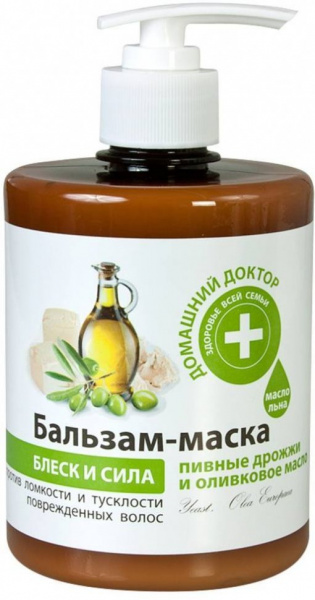 Бальзамы и кондиционеры бальзам-маска для волос пивные дрожжи и оливковое масло "блеск и сила" домашний доктор, 500 мл