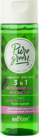 Тоники и лосьоны белита pure green гидролат для лица 3в1 "зеленый чай и кактус", 115 мл