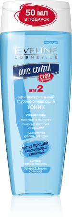 Тоники и лосьоны антибактериальный глубоко очищающий тоник против прыщей "pure control" eveline, 200 мл