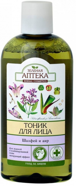 Тоники и лосьоны зеленая аптека тоник для лица "шалфей и аир" для жирной и комбинированной кожи матирующий эффект, 200 мл