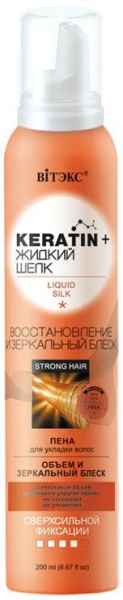 Стайлинг витэкс keratin+ жидкий шелк пена для укладки волос "восстановление и зеркальный блеск" сверхсильной фиксации, 200 мл