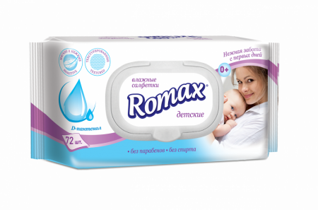 Для лица и тела влажные салфетки детские с пантенолом «romax» 72 шт.