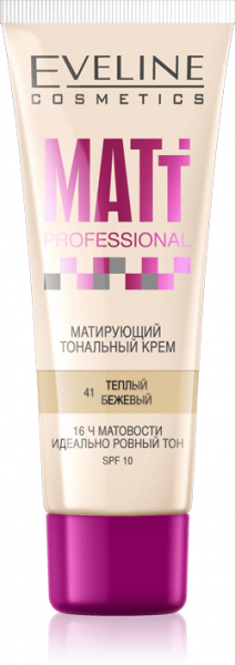 Для лица матирующий тональный крем "matt professional" №41 теплый бежевый eveline, 30 мл