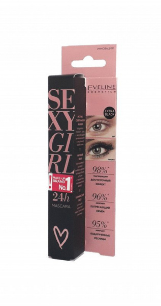 Для глаз и бровей тушь для ресниц 24ч extra black серии sexy girl черная  eveline, 10 мл