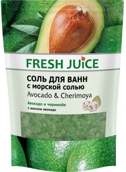 Пена, соль, масло для ванн fresh juice соль для ванн с морской солью "avocado & cherimoya" с маслом авокадо, эконом-упаковка, 500 мл