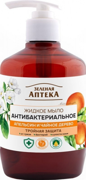 Мыло жидкое мыло антибактериальное "апельсин и чайное дерево" с дозатором зеленая аптека, 460 мл