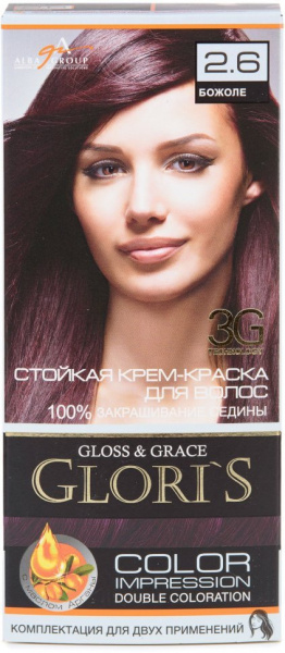 Окрашивание волос крем-краска для волос стойкая №2.6 божоле glori`s