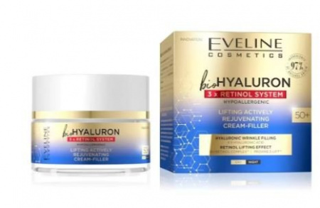 Кремы омолаживающий крем-филлер против морщин день/ночь 50+ biohyaluron 3x retinol system eveline, 50 мл