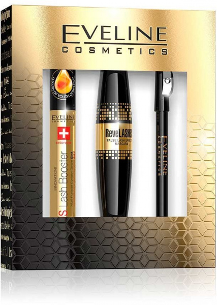 Для глаз и бровей eveline косметический набор для глаз eyeliner: тушь для ресниц "revelashes" + карандаш контурный с точилкой + сыворотка для ресниц