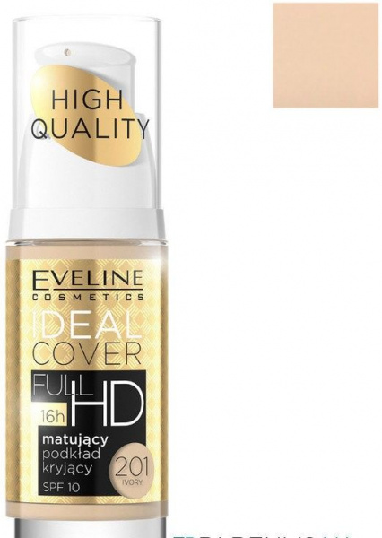 Для лица матирующий тональный крем "ideal cover full hd" spf10 №201 ivory eveline, 30 мл
