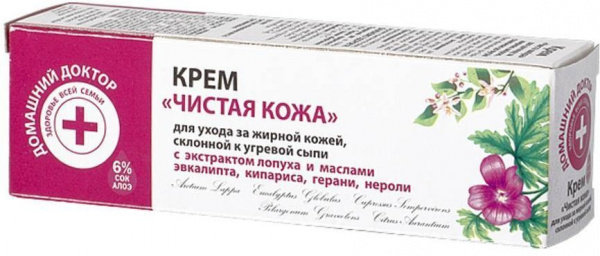 Увлажнение и питание домашний доктор крем "чистая кожа" для ухода за жирной кожей, склонной к угревой сыпи, 30 мл