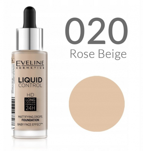 Для лица жидкая тональная основа "liquid control hd" eveline, 32 мл, №020 rose beige