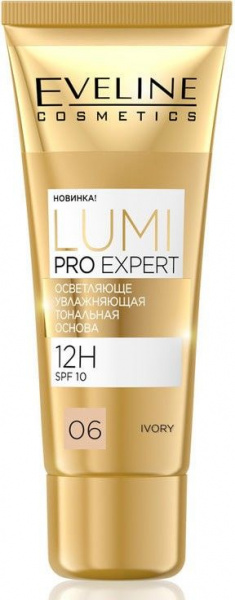 Для лица осветляюще-увлажняющая тональная основа "lumi pro expert 12h spf10" eveline, 30 мл, №06 ivory