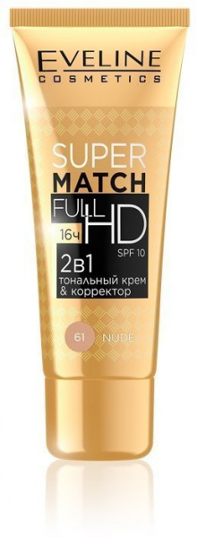 Для лица тональный крем "super match full hd 2 в 1" nude №61 eveline, 30 мл
