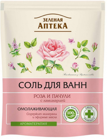 Пена, соль, масло для ванн зеленая аптека соль для ванн омолаживающая "роза и пачули" с ламинарией, эконом-упковка, 500 г