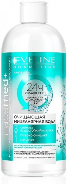 Мицеллярная вода мицеллярная вода очищающая 3 в 1 facemed+ eveline, 400 мл