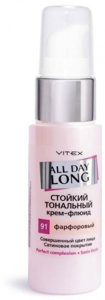 Для лица витэкс all day long стойкий тональный крем-флюид тон 91 фарфоровый, 30 мл